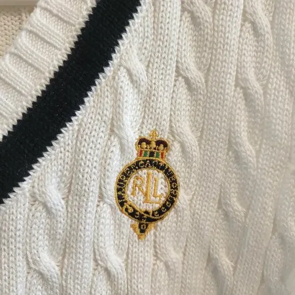 NEW Lauren Active Ralph Lauren V Neck Sweater Medium Cable White Golf w/ Crest - Picture 3 of 6